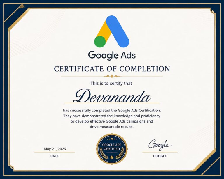 Best Digital Marketing Analyst In Chennai.This image shows a certificate image of google ads
