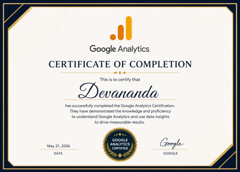 Best Digital Marketing Analyst In Chennai.This image shows a certificate of google analytics.